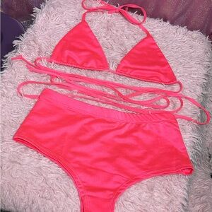 Dolls Kill Club Exx Power Hour Neon Pink 2 Piece UB Blacklight Rave Outfit Set